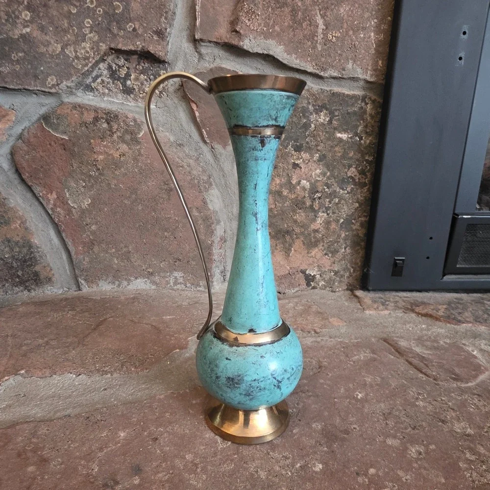 Vintage Brass Turquoise Verdigris Pitcher Bud Vase Decorative Handle 11